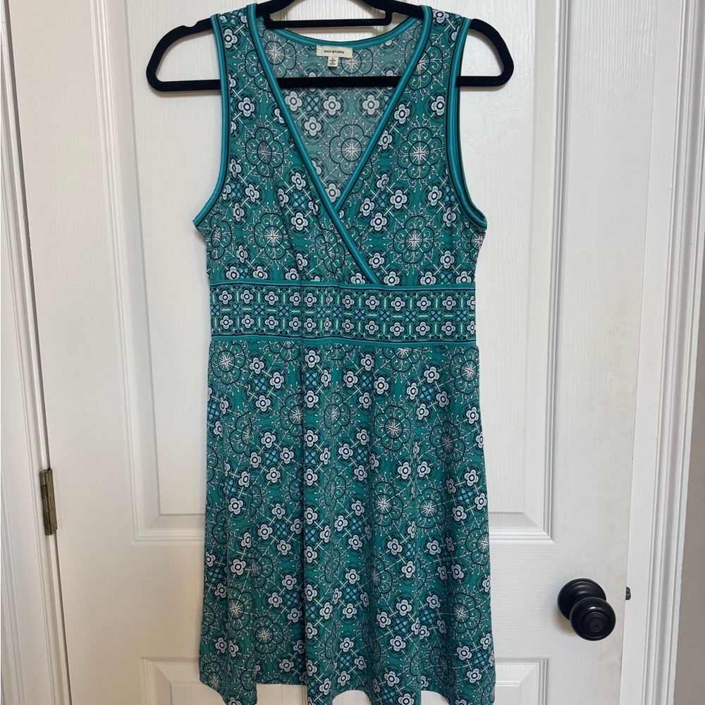 Max Studio Teal Floral-Geo Sleeveless Wrap-Style Dress